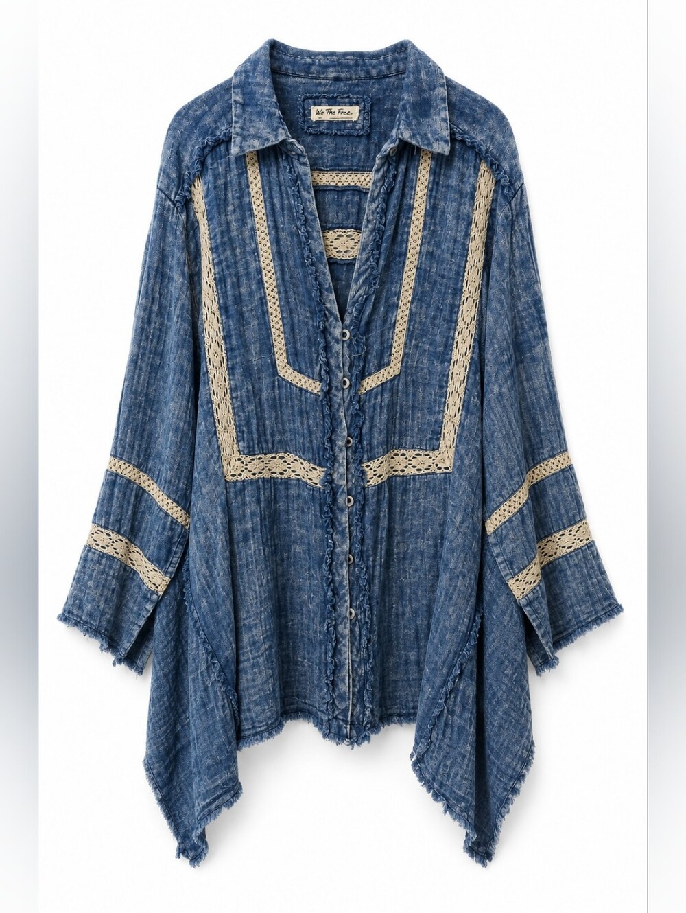 We The Free Ranch Wash Tunic Blue Gauze Button-Down Shirt Cream Crochet Trim